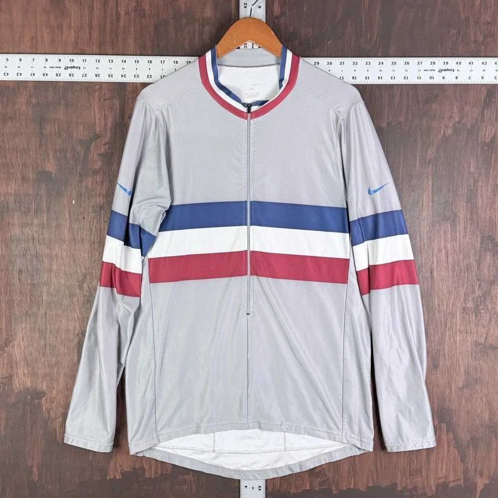 Nike Dri-Fit Cycling Jersey‎ Blue White Red Stripe Long Sleeve Men's XL Vintage